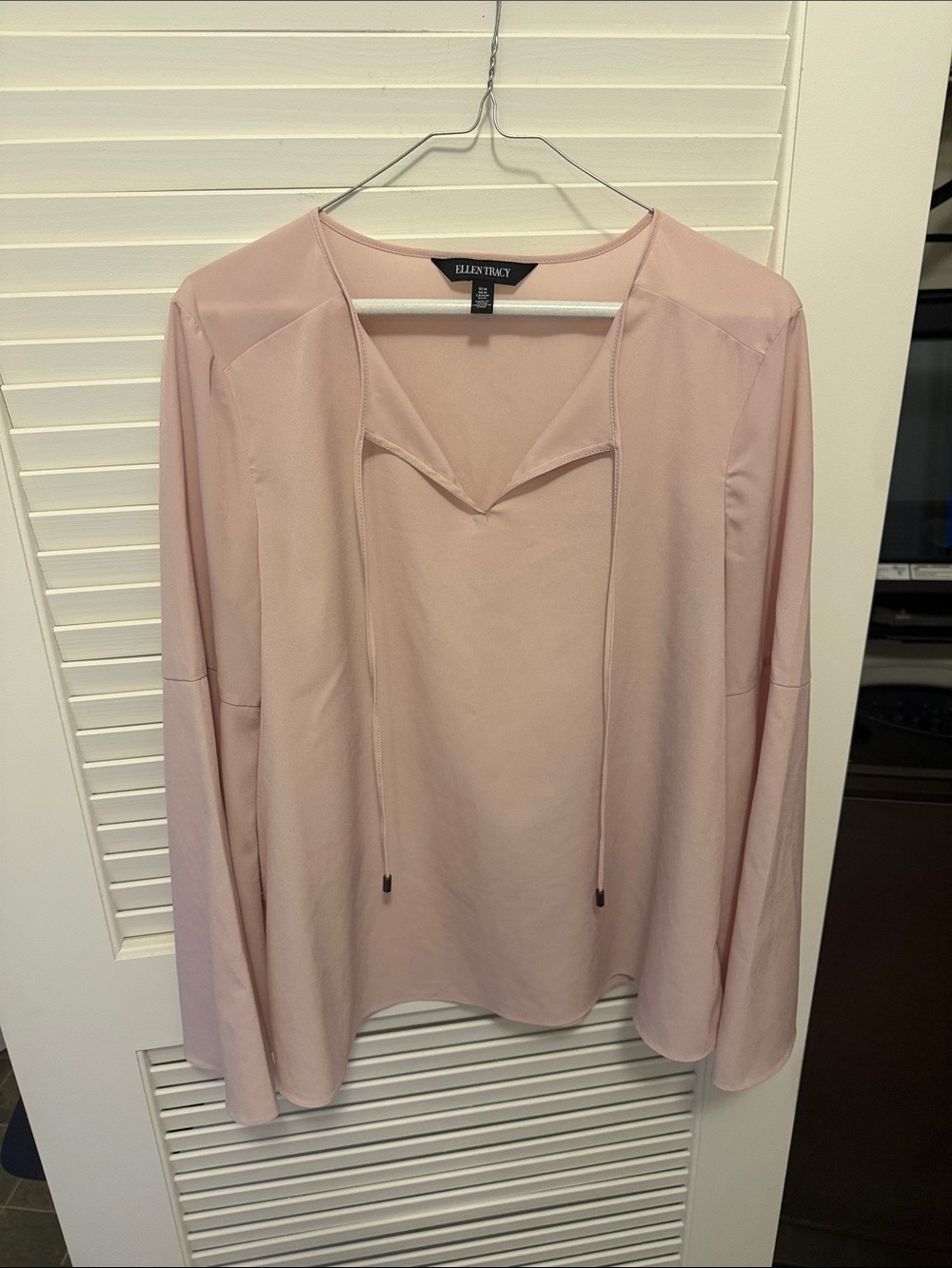 Ellen Tracy Dusty Blush V-Neck Tie Blouse